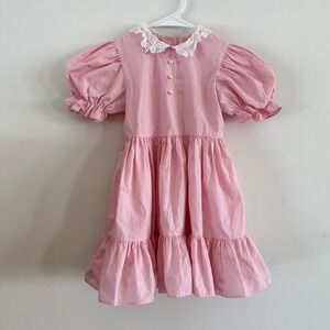 VTG 90's Girls 4‎ Mini World Pink Ruffle Lace Dress Buttons Easter Pageant